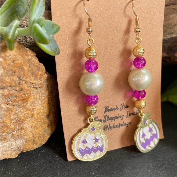 Gold Pink And Purple Pumpkin Dangle Earrings - Picture 2 of 8